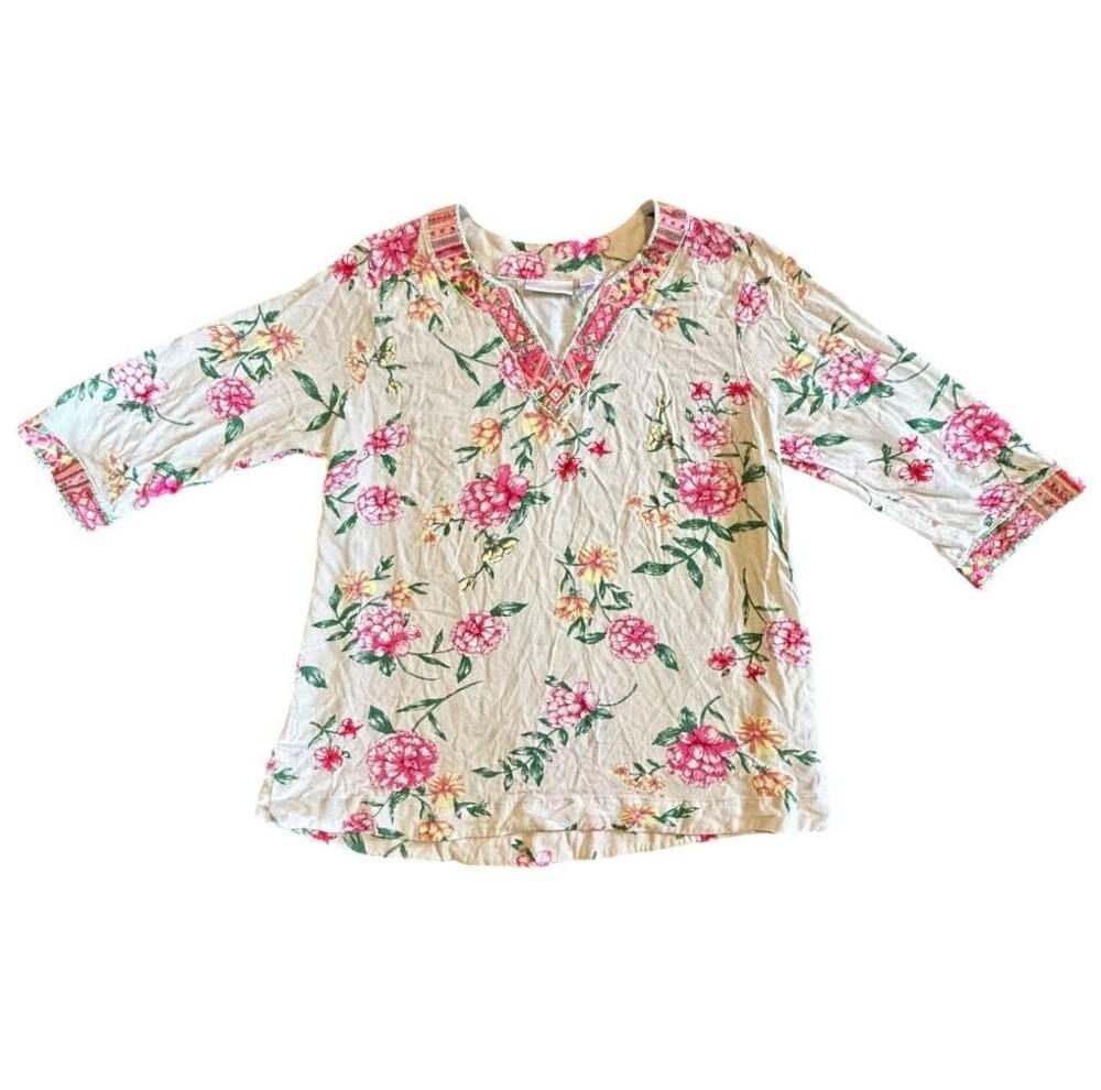 Belle by Kim Gravel Floral Print V-Neck Blouse with Embroidery
